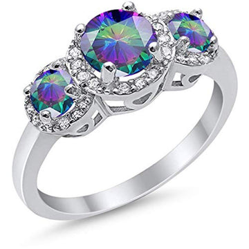 Three Stone Simulated Rainbow CZ Wedding Ring 925 Sterling Silver